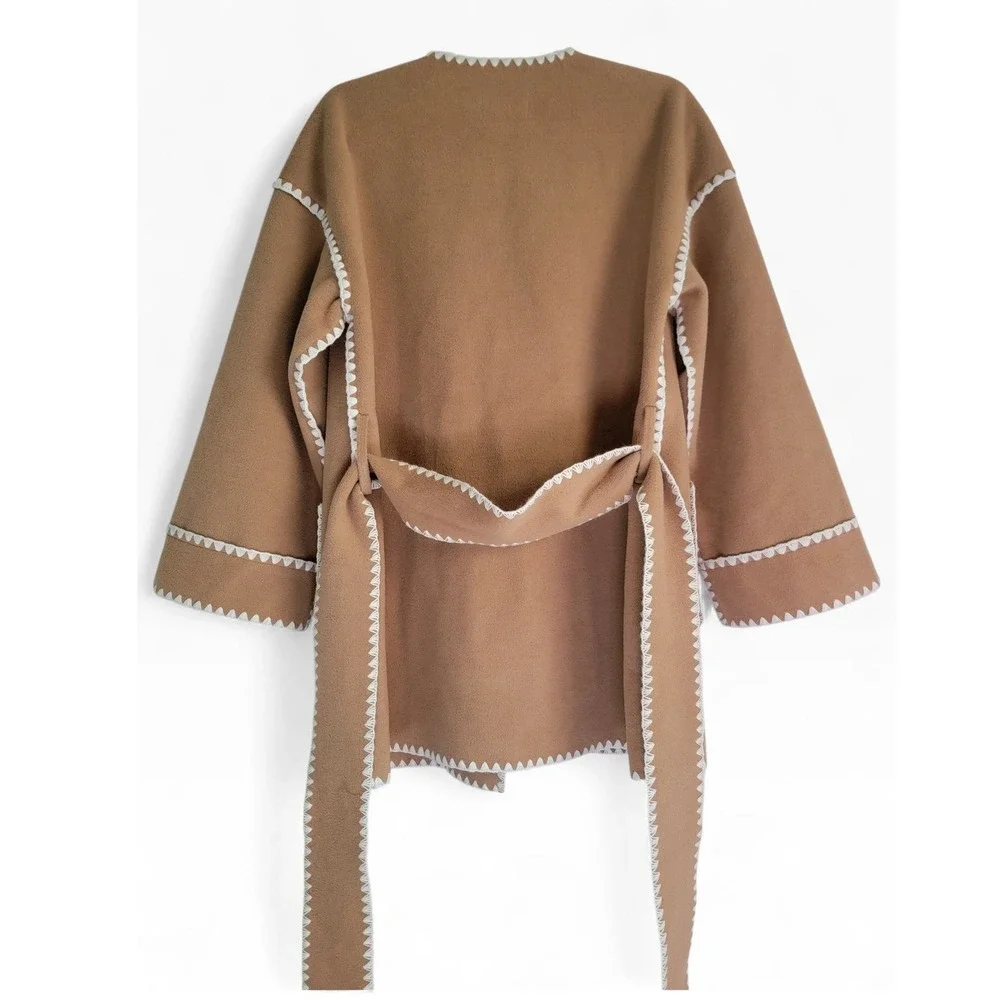 Greylin Camel Brown Blanket Stitch Wrap Jacket Tie Waist Coat Medium